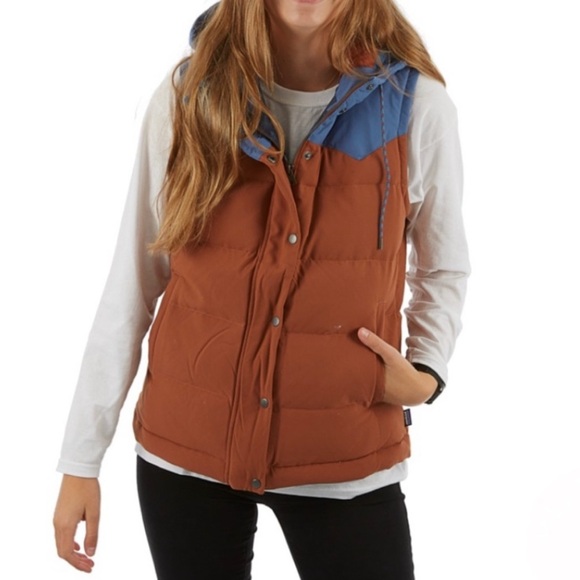 Patagonia Jackets & Blazers - Patagonia Bivy Hooded Puffer Vest/Brown & Blue/ Snap and Zip Front/600 fill Down